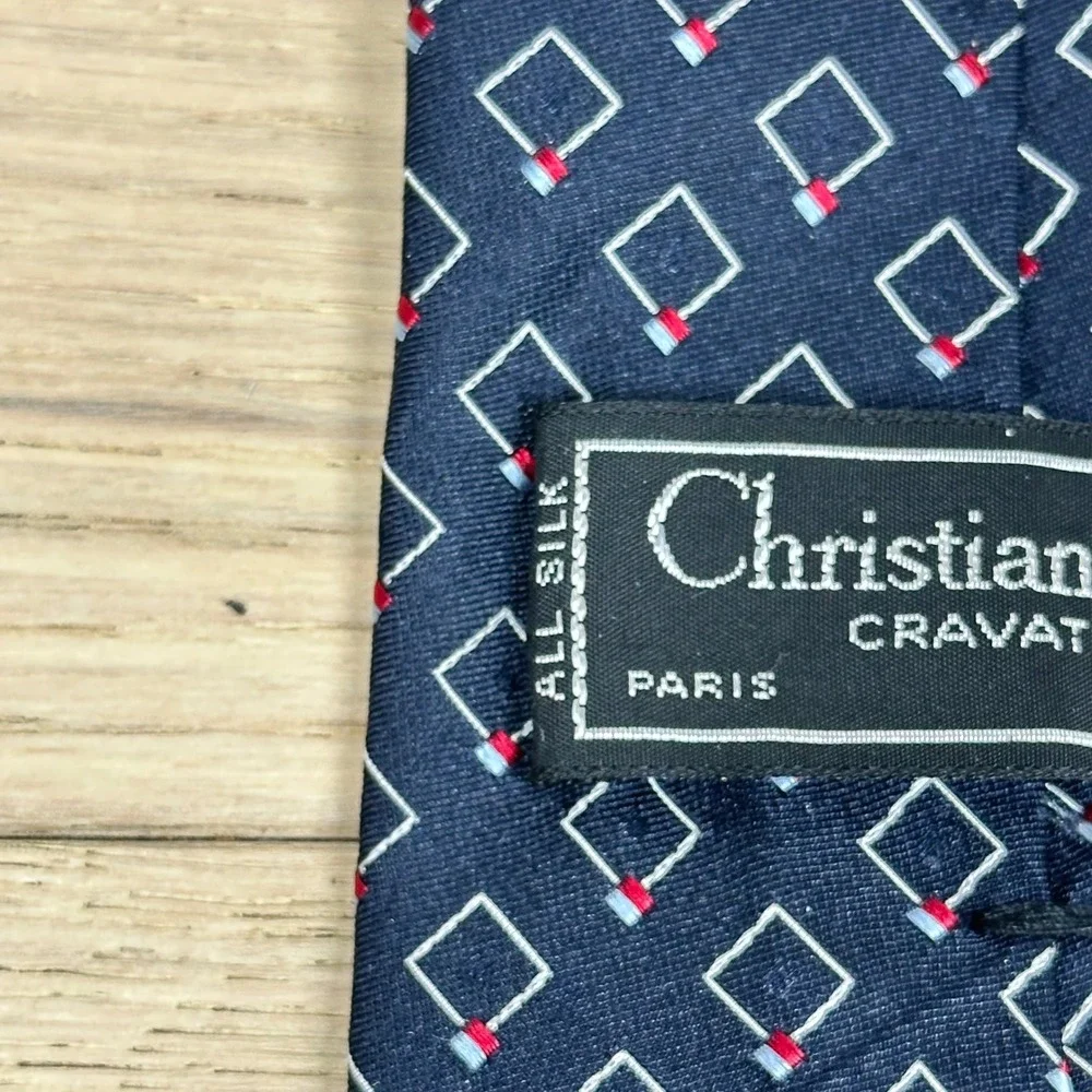 Christian Dior Cravates Tie Navy Blue Silk Geometric Print Vintage Designer